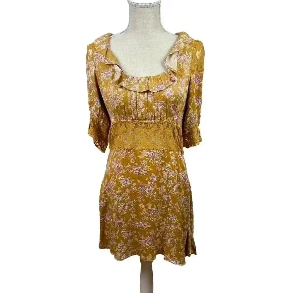 Free People Lucie Mini Dress in Antique Coin Combo With Lace Detail Size 6